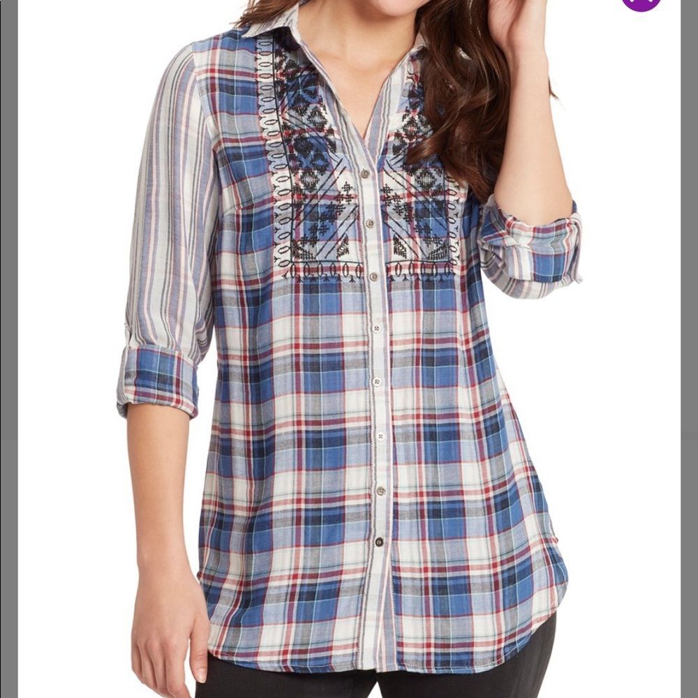 Vintage America Nadia Plaid Button Down Top in Blue Quart Yardley Plaid Small